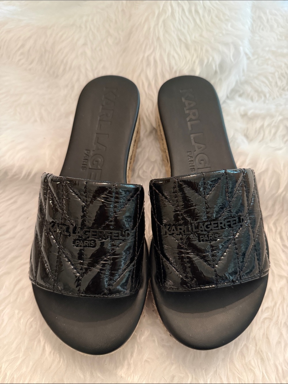 Karl Lagerfeld Black Quilted Patent Slide Mules